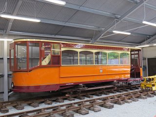 The restored deck of an ex-Glasgow tram that has been rebuilt in the carriage shed