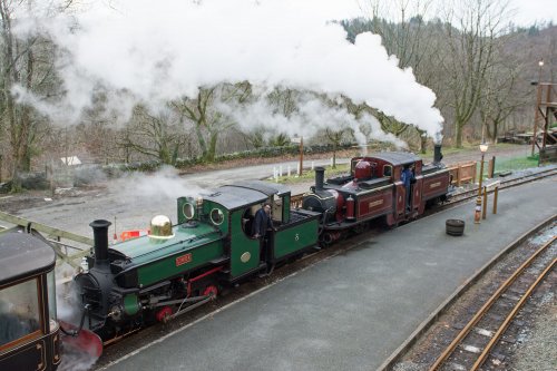 Linda and Merddin Emrys stand in the up line with a down train